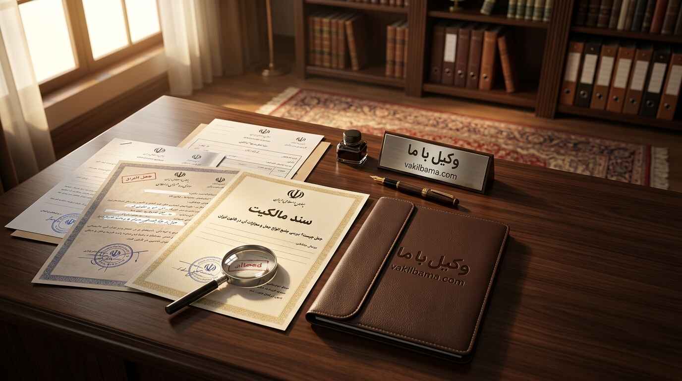 بررسی اصالت سند رسمی مالکیت ملک با ذرهبین روی میز کار وکیل ملکی.